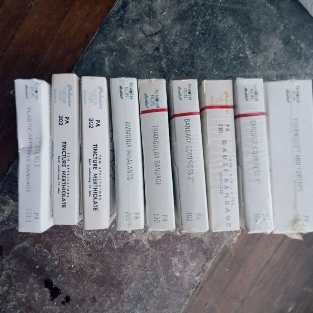 1940s Sealed Military First Aid Kit Lot of 9 Nursing Supplies WWII Pulmosan